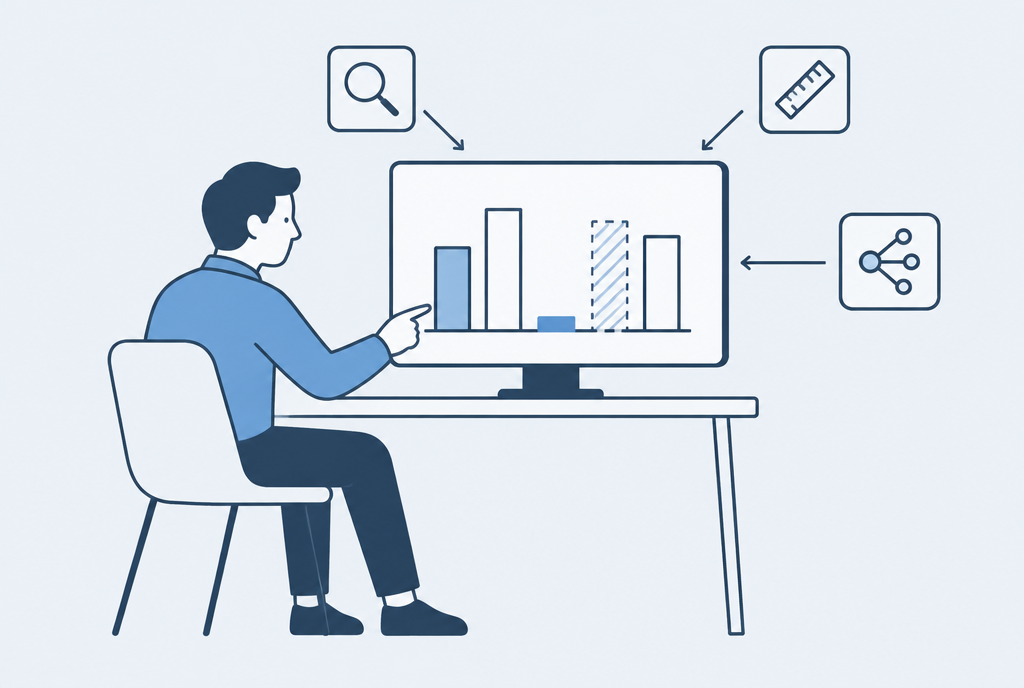 A person pointing at a bar chart on a monitor; the chart shows a very short filled bar next to a hatched bar drawn only with a dashed outline