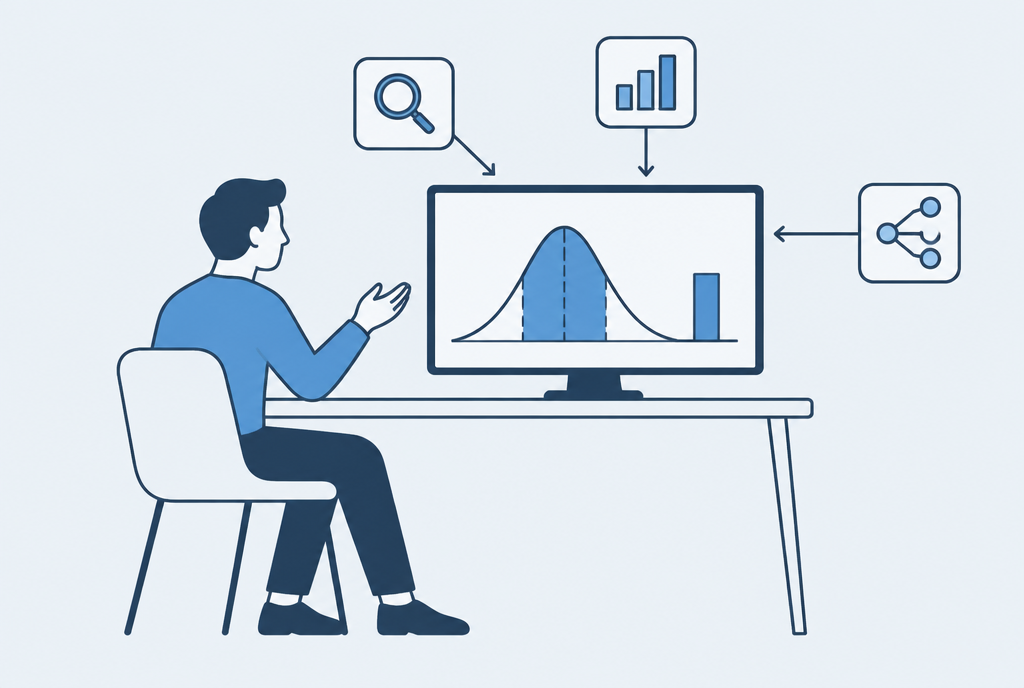 Illustration of a person at a desk looking at a monitor. The screen shows a bell-shaped distribution with its middle region shaded and bounded by dashed lines, next to a single bar, while magnifier, bar chart, and network icons point to the monitor with arrows