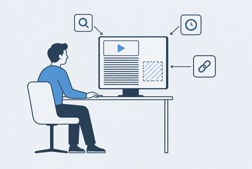 Illustration of a person at a monitor; on screen, a video card with a play button sits above several lines of text next to an empty hatched dashed box, while search, clock and link icons point toward the screen